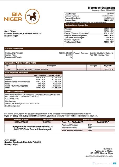 Niger Banque Internationale pour l'Afrique au Niger (BIA Niger) mortgage statement Word and PDF template